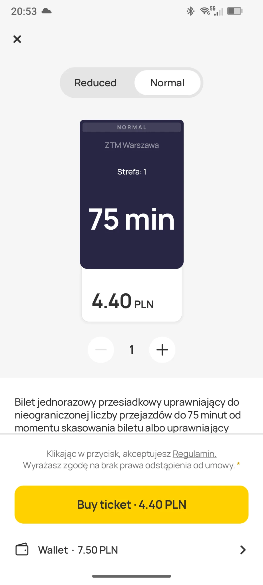 Jakdojade Warsaw normal Zone 1 75-minute ticket costing 4.40 PLN