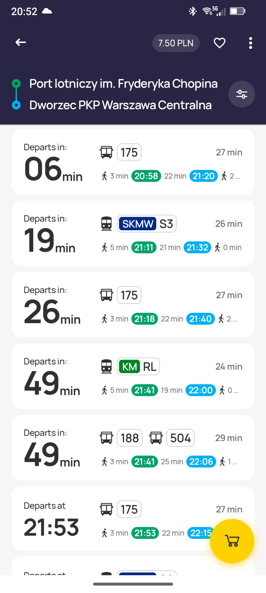 Jakdojade route results showing bus 175 and SKM S3 from Warsaw Chopin Airport