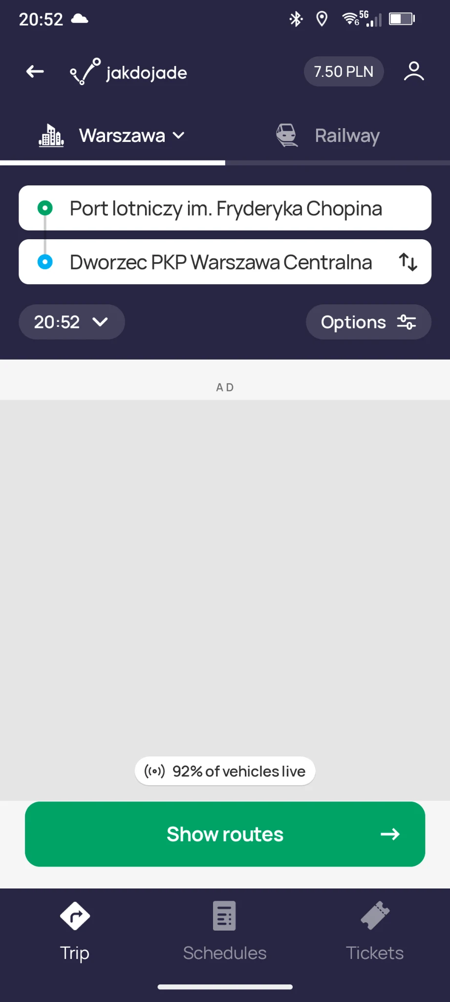 Jakdojade route search from Warsaw Chopin Airport to Warszawa Centralna