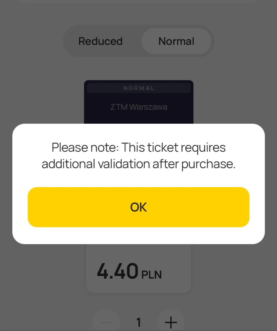 Jakdojade warning that a Warsaw mobile ticket requires additional validation after purchase